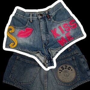 Vintage Y2K Micro Mini Shorts Embellished Patches High Waisted Jean 24'‎ Boho